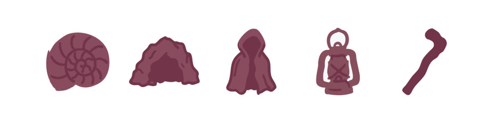 Doodle Icons: Seashell, Rock, Hooded Figure, Lantern, Stick © liubomir118809