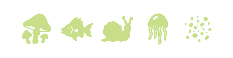 Fototapeta premium Doodle Icons: Mushrooms, Fish, Snail, Jellyfish, Bubbles