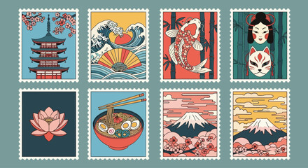 Fototapeta premium Artistic collection of Japanese-themed postage stamps, illustrating iconic cultural symbols, natural beauty, and traditional motifs, perfect for design and celebrating Japan's rich heritage