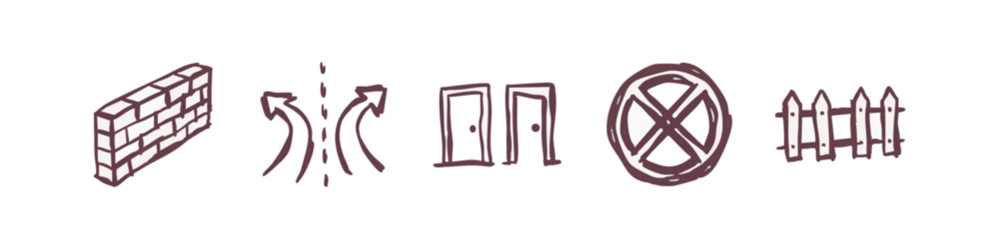 Obstacles and Opportunities Icons: Wall, Doors, Roadblock, Fence