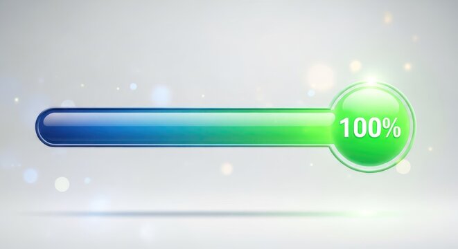 A progress bar with a blue and green gradient, indicating 100% completion. The bar is illuminated with a glowing green circle at the end, set against a soft, light background with bokeh effects.