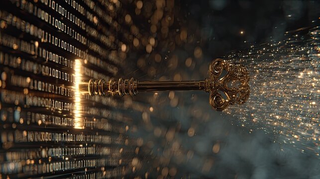 Golden key pierces binary code wall