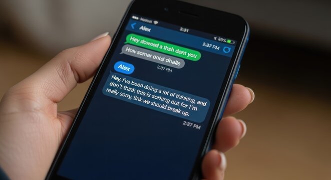 A hand holding a smartphone displaying a text conversation with a dark background and green and blue text bubbles. The screen shows a dialogue between two people discussing a breakup.