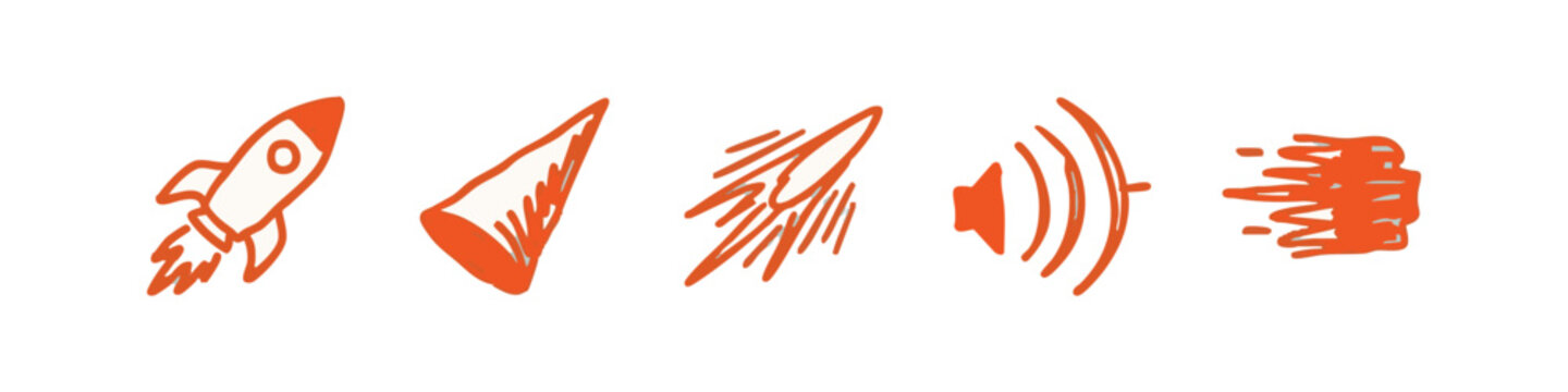 Collection of hand-drawn rocket, cone, and sound wave icons