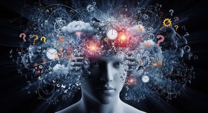 A human head with a brain-like structure filled with symbols, including question marks, clocks, and mathematical equations, set against a dark background with glowing elements. 