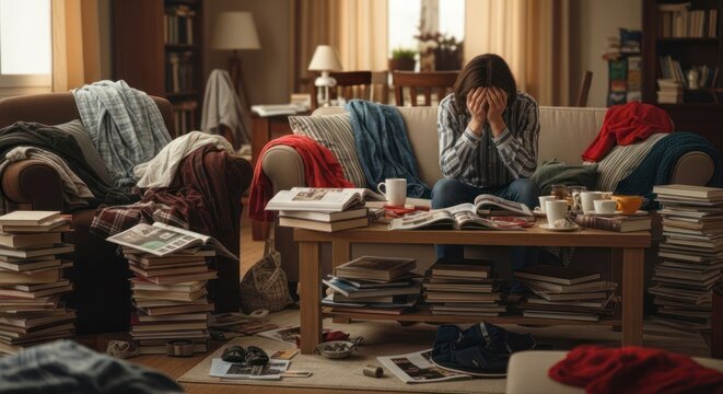 A person sits on a couch surrounded by books and clutter, appearing distressed or overwhelmed. The room is dimly lit with warm tones, and the background shows a living room with furniture 