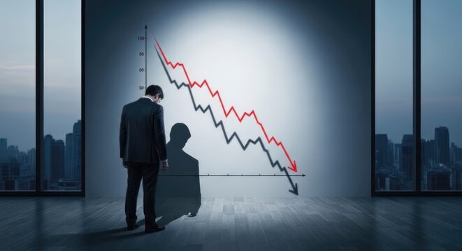 A man in a suit stands in front of a large window, observing a descending graph on the wall. The graph shows a steep decline, symbolizing a financial downturn.