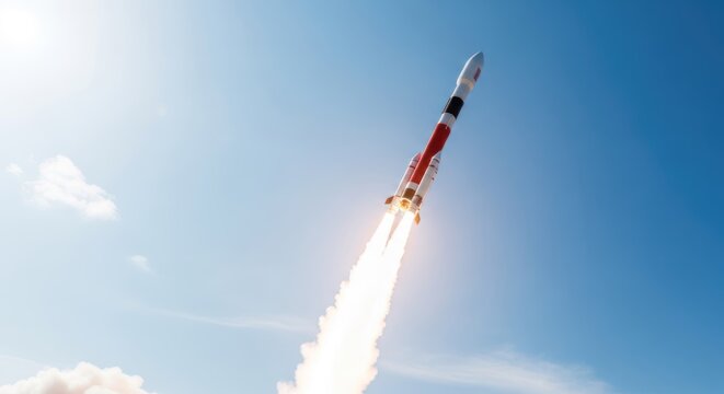 A rocket launches into the sky, leaving a trail of smoke and fire. The clear blue sky serves as the backdrop, emphasizing the rocket's ascent.