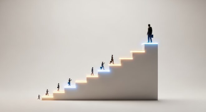 A staircase with illuminated steps leading upwards, featuring silhouettes of people ascending. The background is plain and light-colored, emphasizing the upward movement and progression.