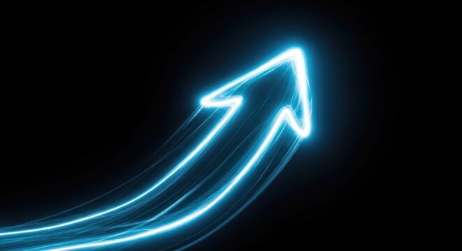 A glowing blue arrow pointing upwards against a dark background. The arrow is composed of light streaks, creating a dynamic and futuristic effect. The image conveys a sense of movement and progress.