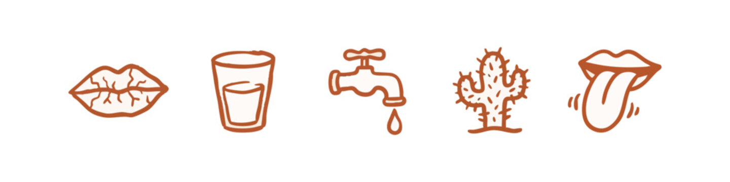 Thirst and Hydration Icons: Lips, Glass of Water, Faucet, Cactus, Tongue