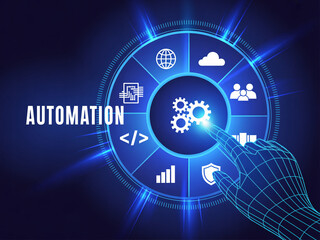 Obraz premium A futuristic illustration of automation technology with a glowing blue interface and a robotic hand interacting with gears and icons.
