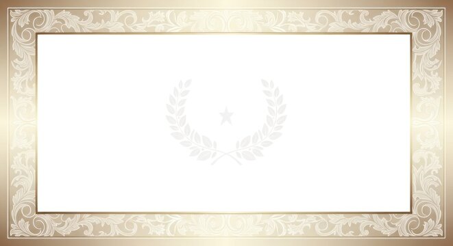 A gold ornate frame with a white background and a central laurel wreath design. The frame features intricate floral patterns and a star at the center of the wreath.