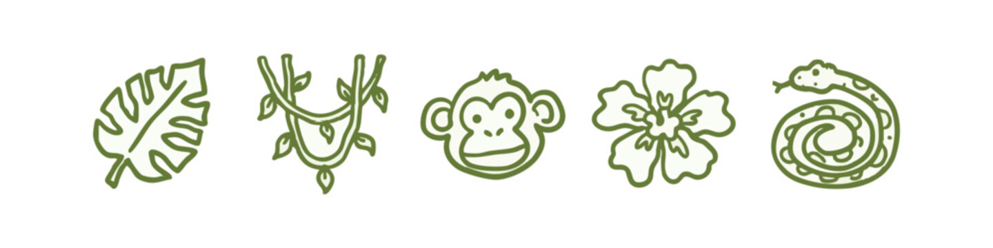 Jungle doodle icons: leaf, vines, monkey, flower, snake