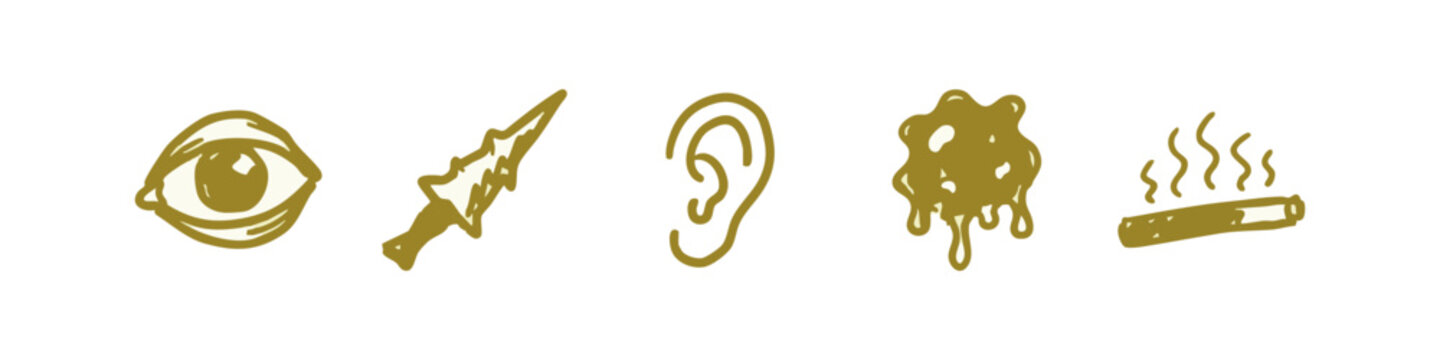 Senses and Danger Warning Icons with Eye Dagger Ear Slime and Smoking Cigarette