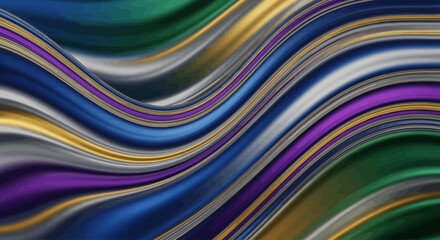 Fototapeta premium Lustrous abstract waves in a dynamic background, showcasing a graceful flow of metallic blues, greens, golds, and purples, creating a modern and elegant artistic impression