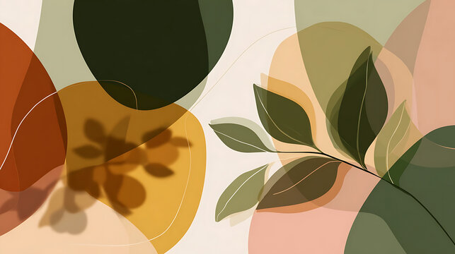 Abstract Botanical Background with Earth Tone Organic Shapes and Leaves Illustration