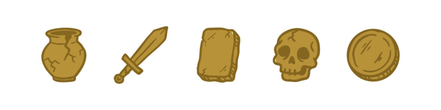 Ancient Archaeology Hand Drawn Icons Set Featuring Broken Pottery Sword Stone Tablet Skull and Gold Coin