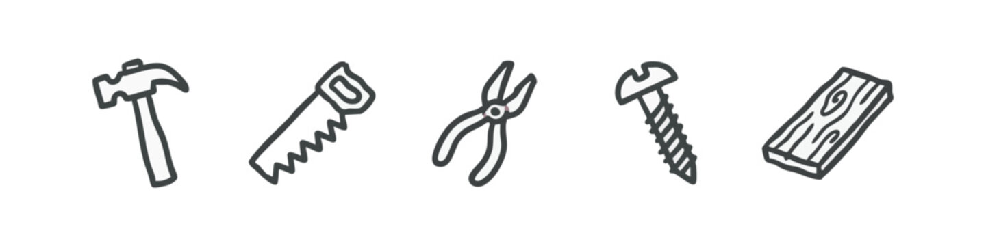Construction Tools and Hardware Hand Drawn Icons Set with Hammer Saw Pliers Screw and Wood Plank