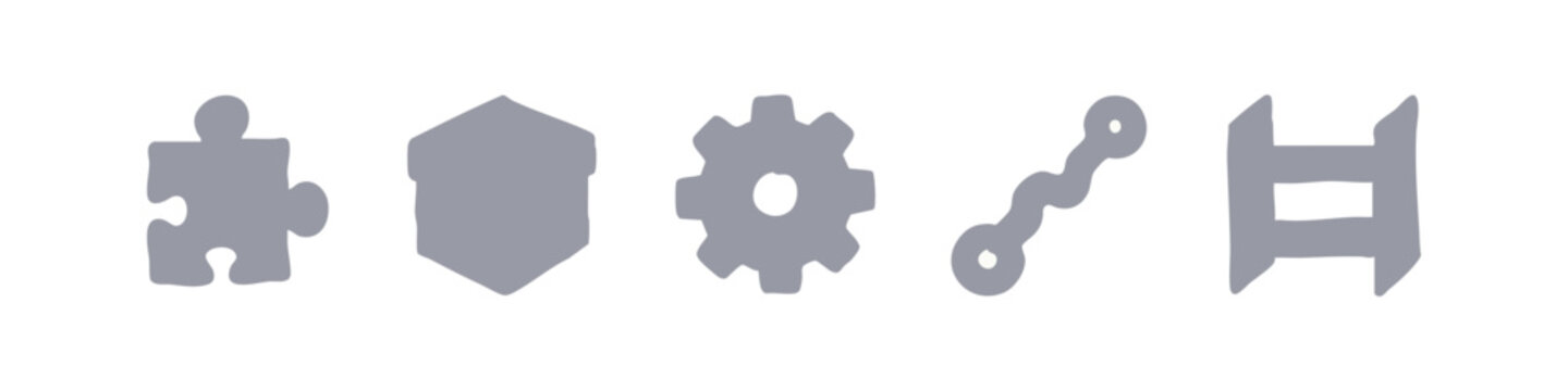 Hand drawn miscellaneous mechanical and logic icons with gear and puzzle piece