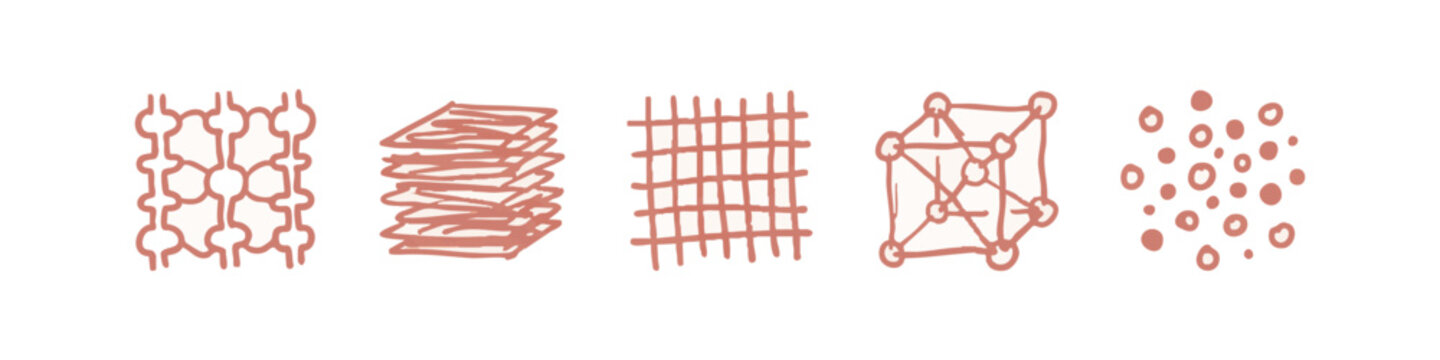 Hand drawn scientific and structural icons representing molecules layers and grids