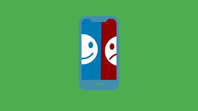 Online feedback concept showing alternating satisfaction and dissatisfaction faces on a smartphone screen, representing user experience and evaluation.