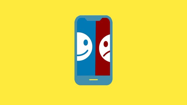 Online feedback concept showing alternating satisfaction and dissatisfaction faces on a smartphone screen, representing user experience and evaluation.