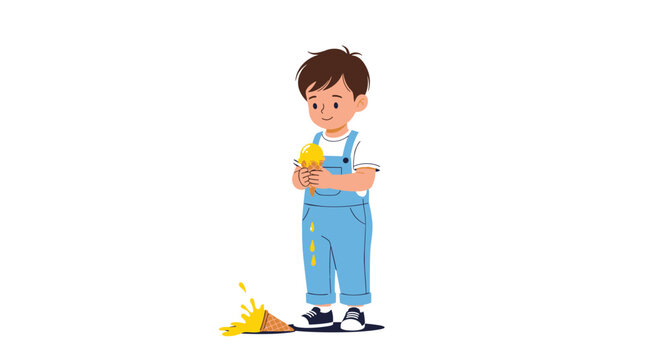 Little boy looking down sadly at his dropped ice cream cone melting on the floor in a simple character illustration.