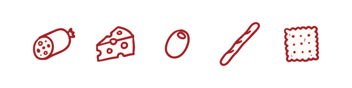 Appetizer Food and Charcuterie Red Hand Drawn Icon Collection