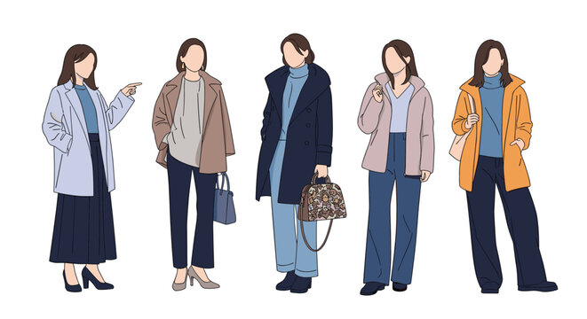 Collection of five fashionable women dressed in various stylish autumn and winter coats and trousers in a flat illustration.