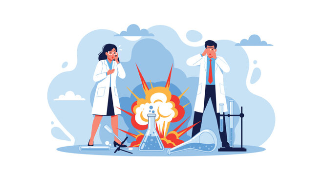 Professional scientists in white lab coats expressing shock and fear after a chemical explosion in a laboratory.