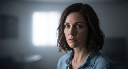 Fototapeta premium A woman with shoulder-length brown hair, wearing a denim shirt, stands in a dimly lit room with a soft, diffused light source in the background. 