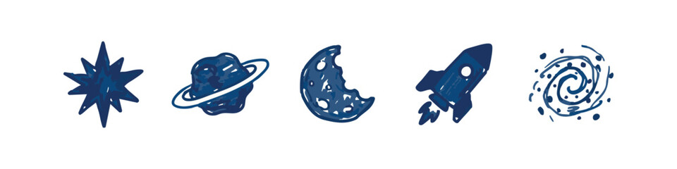 Space exploration hand drawn icons with planet moon and rocket ship in dark blue color © liubomir118809