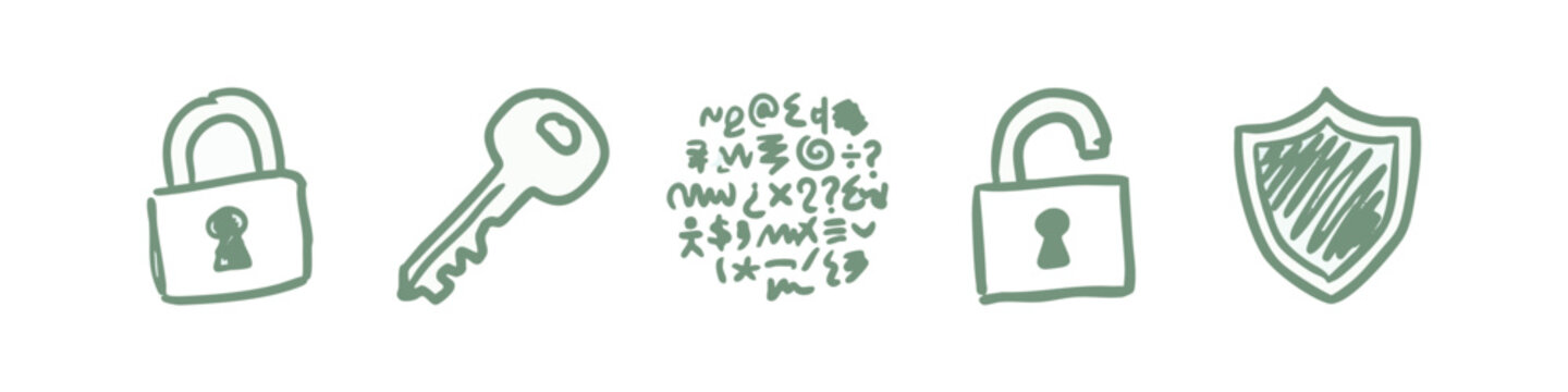 Security and privacy hand drawn icons with padlocks key and shield in sage green color