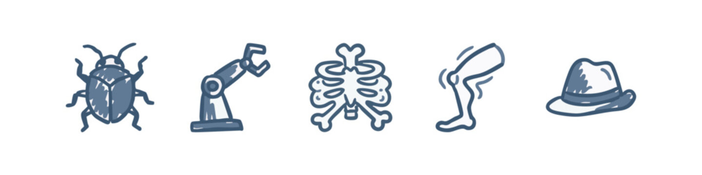 Collection of hand drawn icons featuring bug robot arm ribcage and hat in dark blue