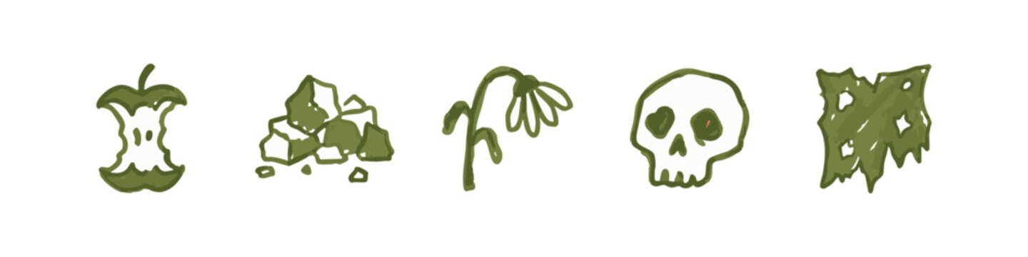 Decay and nature hand drawn icons featuring skull apple core and wilting flower in olive green