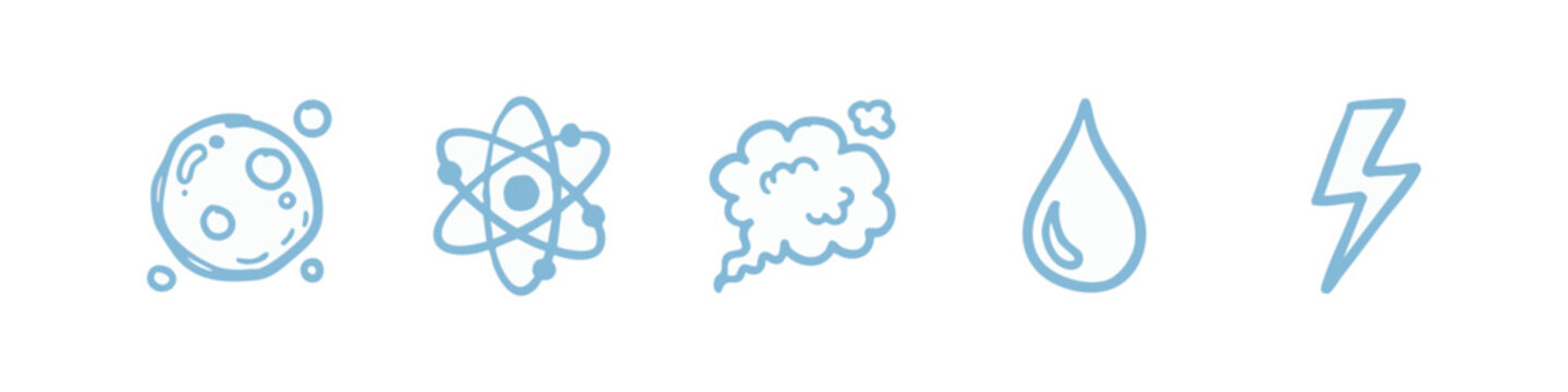 Science and Natural Energy Elements Hand Drawn Icons Set