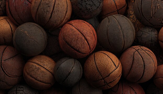 A tightly packed arrangement of worn and textured basketballs creates a visually compelling pattern of brown and black hues.