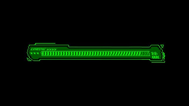 Cyberpunk loading bar with animated green progress, with glitch effect.