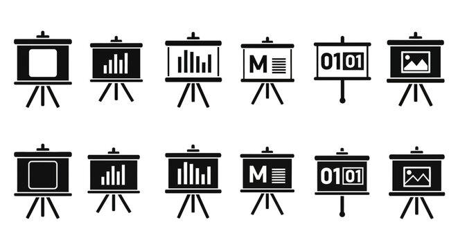 Black and white icons depicting presentation boards with various content and stand designs
