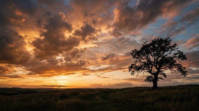 Lone oak tree silhouetted against a dramatic sunset sky with vibrant clouds