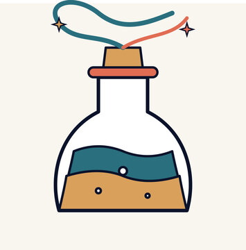 Minimalist flat illustration of a mystical glass bottle filled with bubbling elixir and magical smoke