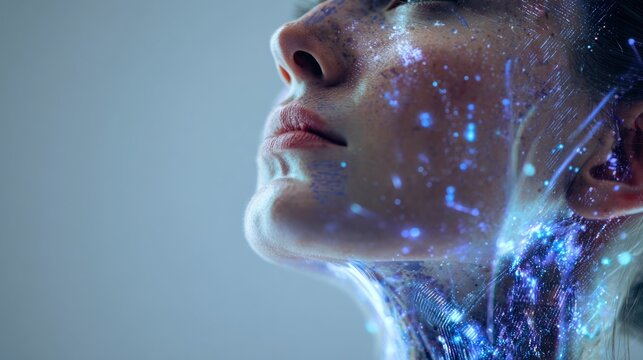 Futuristic human face and neck with digital data overlay in blue and purple glowing accents highlighting technology and digital interface