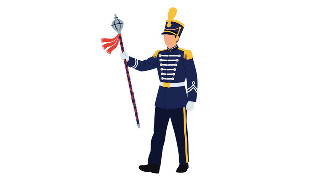 Regal drum major character dressed in a traditional marching band uniform holding a mace against a plain white background.