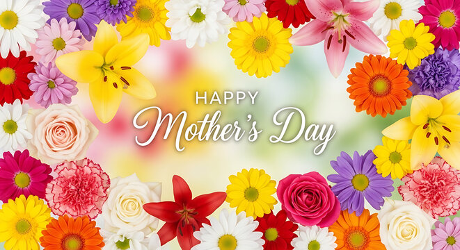 A vibrant floral arrangement with Happy Mother's Day text on transparent background