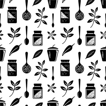 Vector graphic illustration of kitchen utensils and herbs in a repeating pattern design