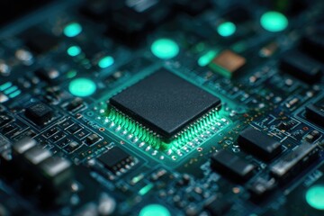 Fototapeta premium A close-up view showcases a central microchip embedded within a complex circuit board, illuminated by vibrant teal accents.