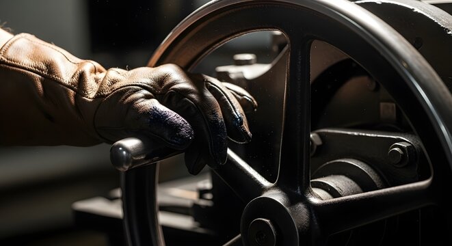 A gloved hand turning a large industrial wheel in a factory setting