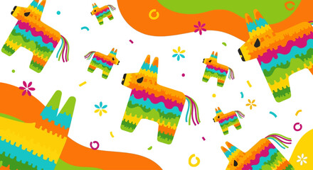 Naklejka premium Festive and Colorful Birthday Party Decorations Featuring Traditional Mexican Pinatas in Various Sizes and Bright Patterns