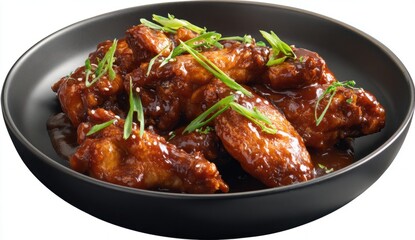 Fototapeta premium Gourmet chicken wings in savory brown sauce garnished with fresh green herbs served on a black plate
